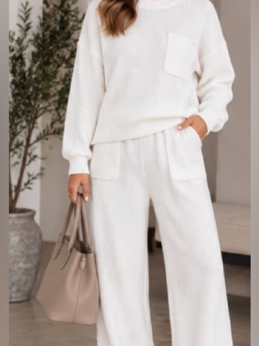 2-Piece Ribbed Knit Lounge Set in White